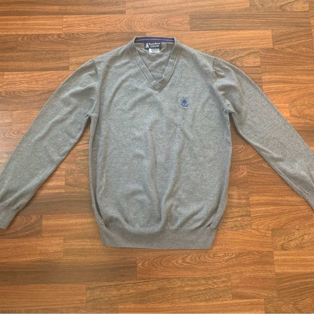 Psycho Bunny Gray V-Neck Sweater Men’s Small Logo Pima Cotton
